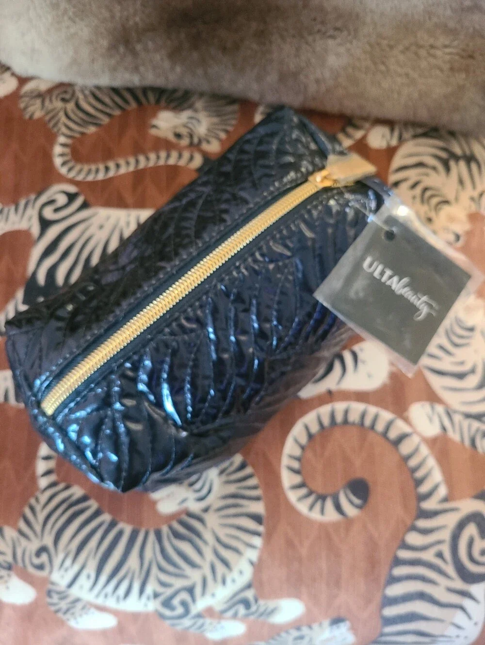 Ulta Beauty Quilted Shiny Navy Toiletry Bag with Gold Zipper